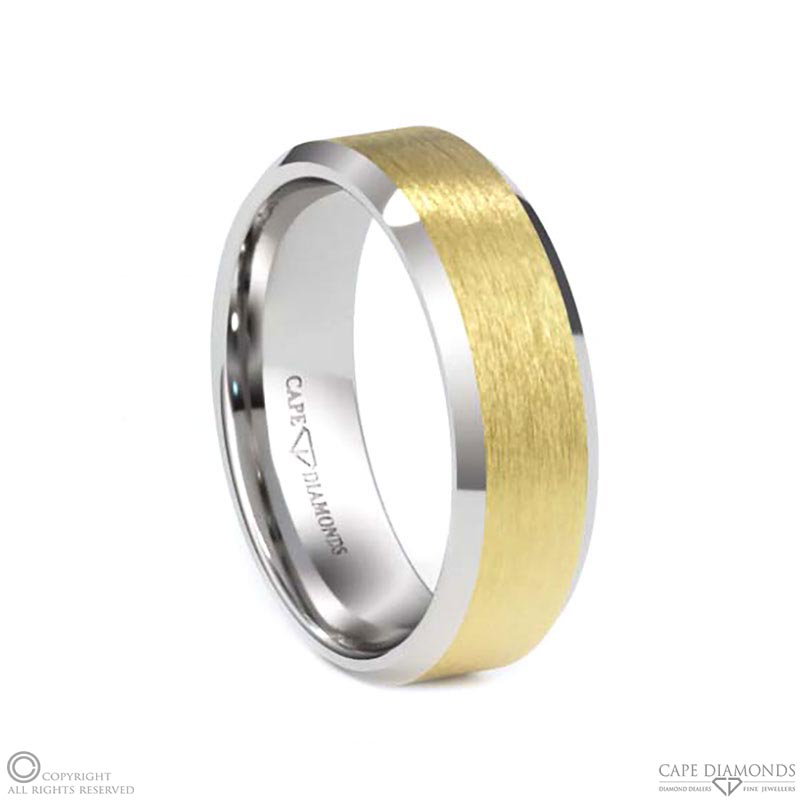White Gold 2-Tone Brushed Yellow Gold Polished White Gold Beveled Men’s Wedding Rings.