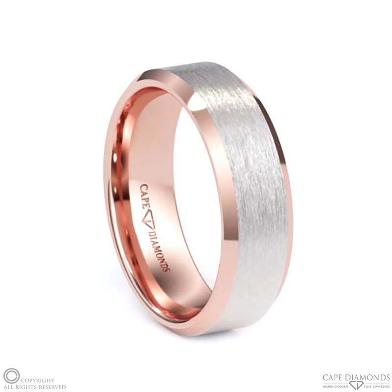 White Gold 2-Tone Brushed White Gold Rose Gold Polished Beveled Men’s Wedding Rings.