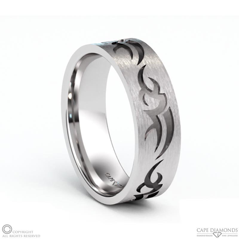 White Gold Tattoo Brushed Flat Comfort-Fit Men’s Wedding Rings