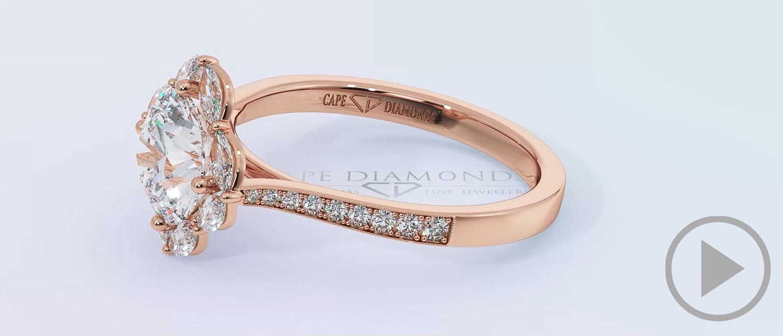 Halo Natural Diamond Engagement Ring Rose Gold With 8 Marquise Small Natural Diamonds top video