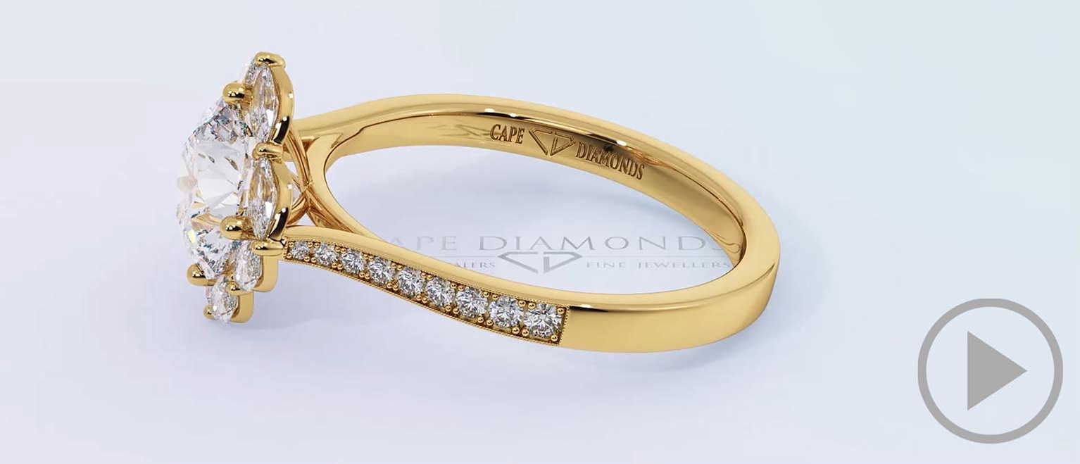 Halo Natural Diamond Engagement Ring Yellow Gold With 8 Marquise Small Natural Diamonds top video