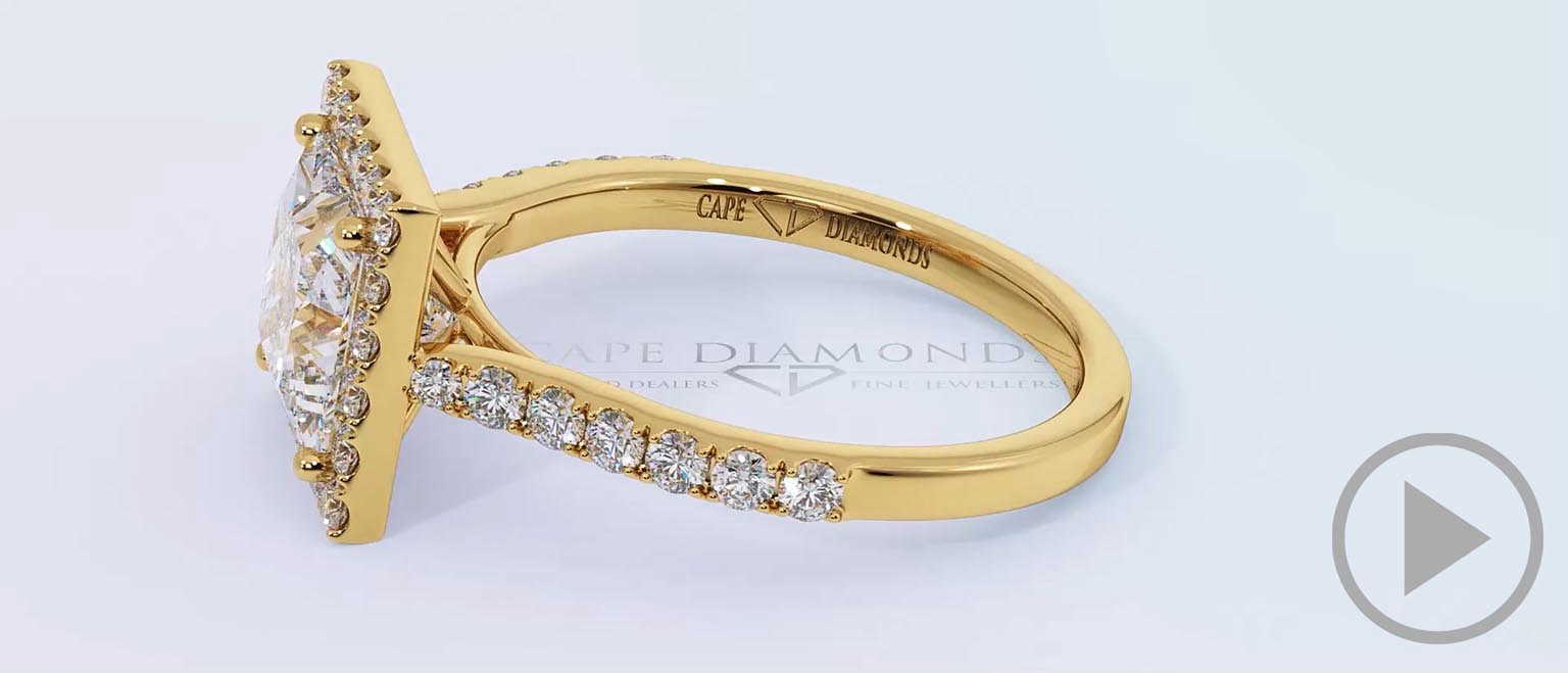 Princess Halo Natural Diamond Engagement Ring Yellow Gold top video