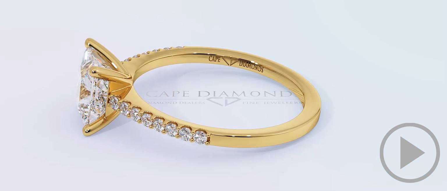 Side Stone Princess Cut Natural Diamond 4-Claw Engagement Ring Yellow Gold Setting top video