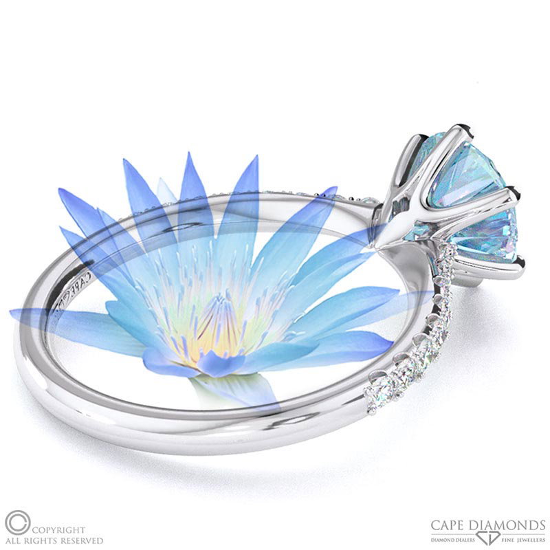 Water Lily Aquamarine Side Stone Engagement Ring White Gold