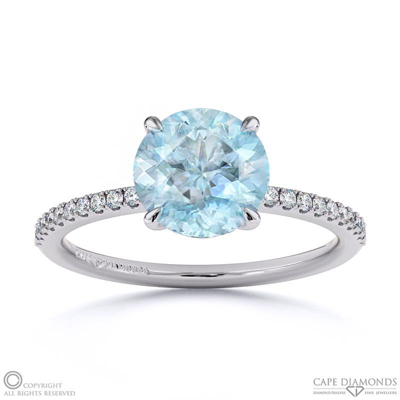 Paraiba Or Blue Tourmaline Round Side Stone Claw Engagement Ring White Gold