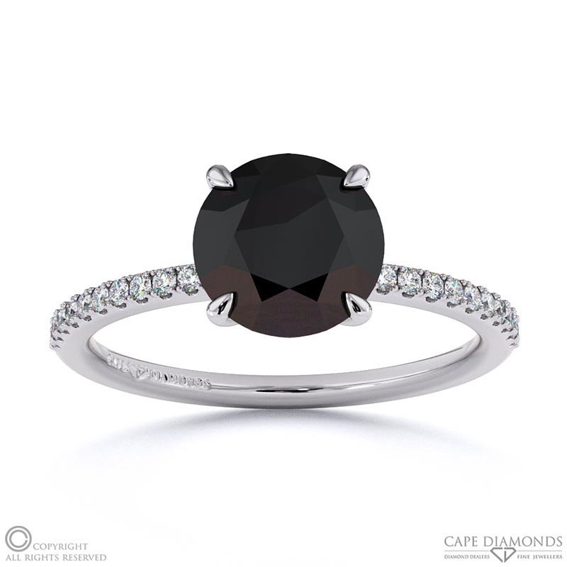 Black Lab Grown Diamond Round Side Stone Claw Engagement Ring White Gold