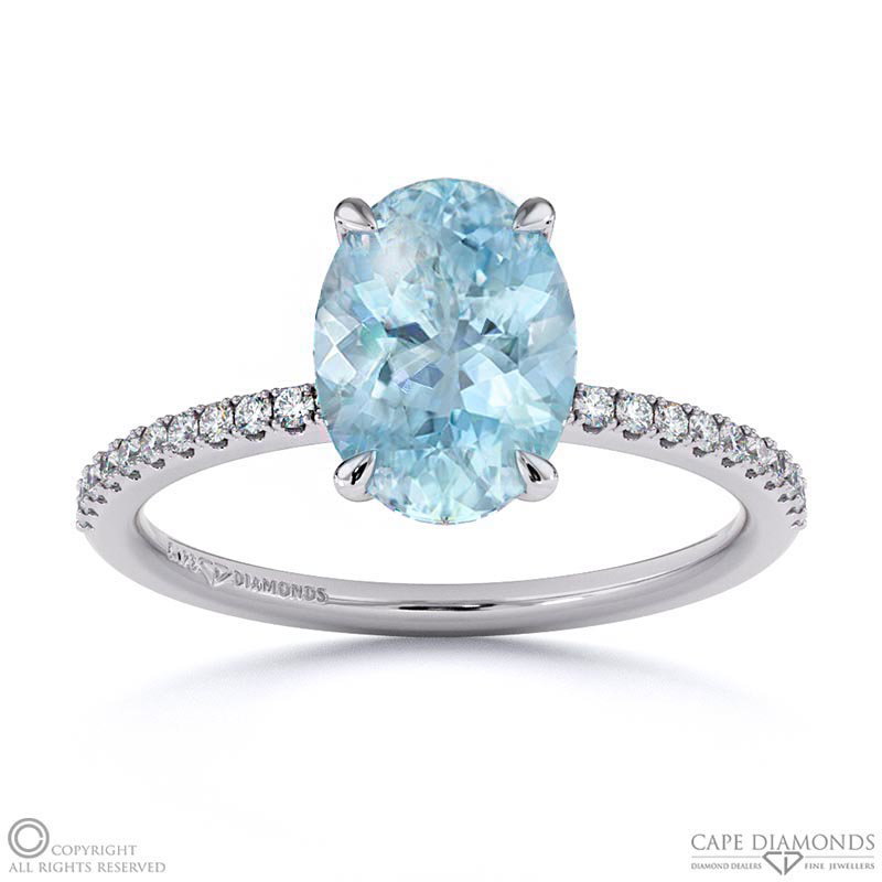 Aquamarine Oval Side Stone Claw Engagement Ring White Gold