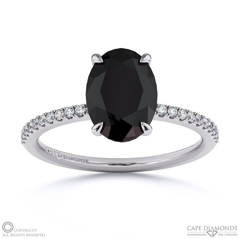 Black Lab Grown Diamond Oval Side Stone Claw Engagement Ring White Gold