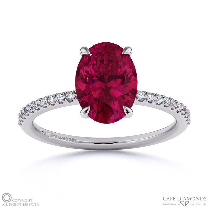 Ruby Oval Side Stone Claw Engagement Ring White Gold