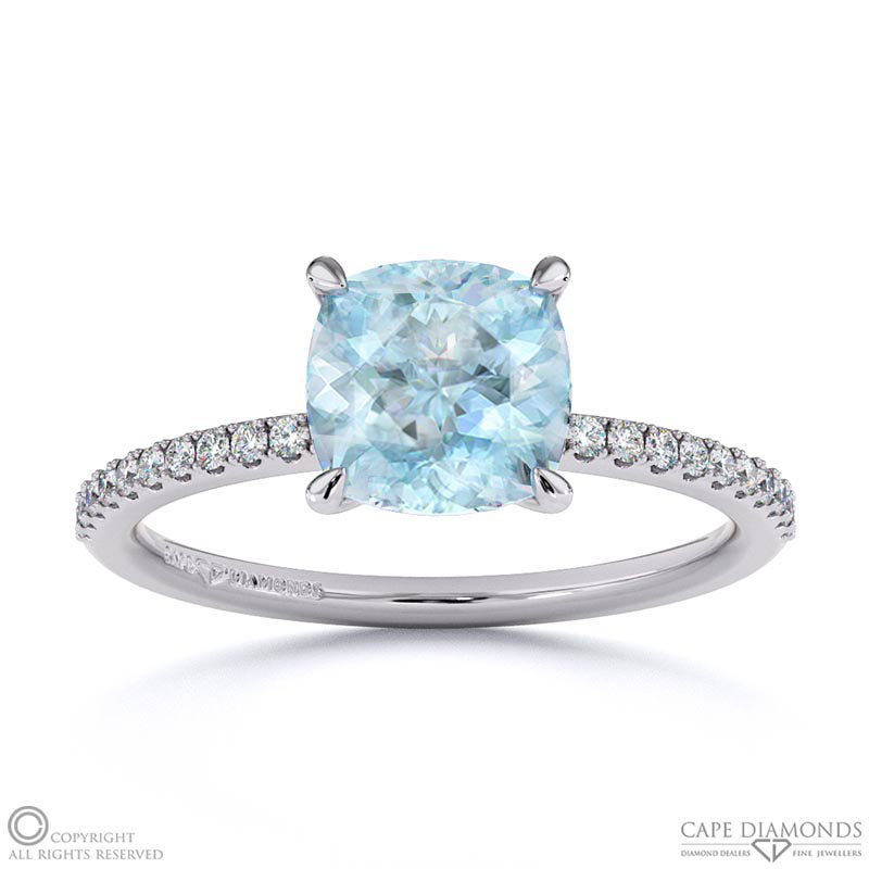 Aquamarine Cushion Side Stone Claw Engagement Ring White Gold