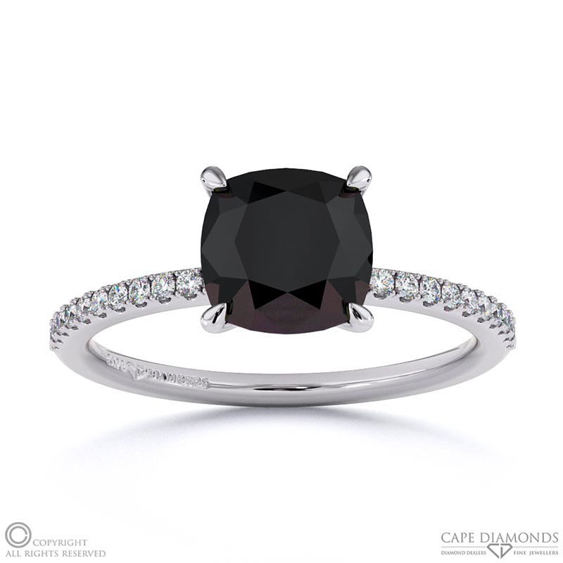Black Lab Grown Diamond Cushion Side Stone Claw Engagement Ring White Gold