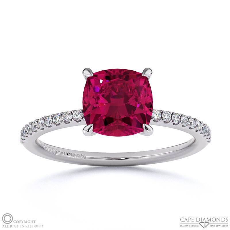 Ruby Cushion Side Stone Claw Engagement Ring White Gold