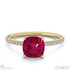 ruby cushion side stone claw engagement ring yellow gold with 9k yellow gold metal and cushion shape diamond