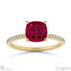 ruby cushion side stone claw engagement ring yellow gold with 9k yellow gold metal and cushion shape diamond