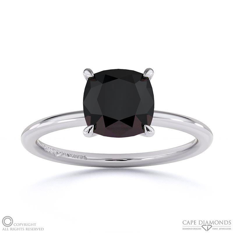 Black Lab Grown Diamond Cushion Solitaire Claw Engagement Ring White Gold