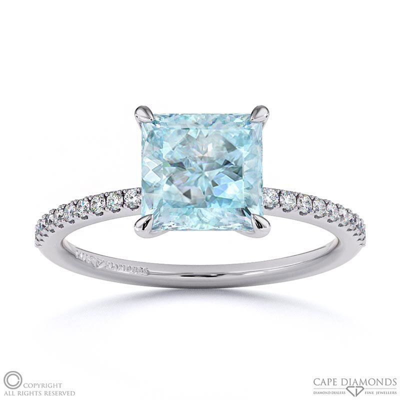 Paraiba Or Blue Tourmaline Princess Side Stone Claw Engagement Ring White Gold