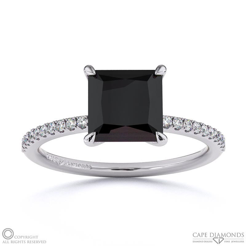 Black Lab Grown Diamond Princess Side Stone Claw Engagement Ring White Gold