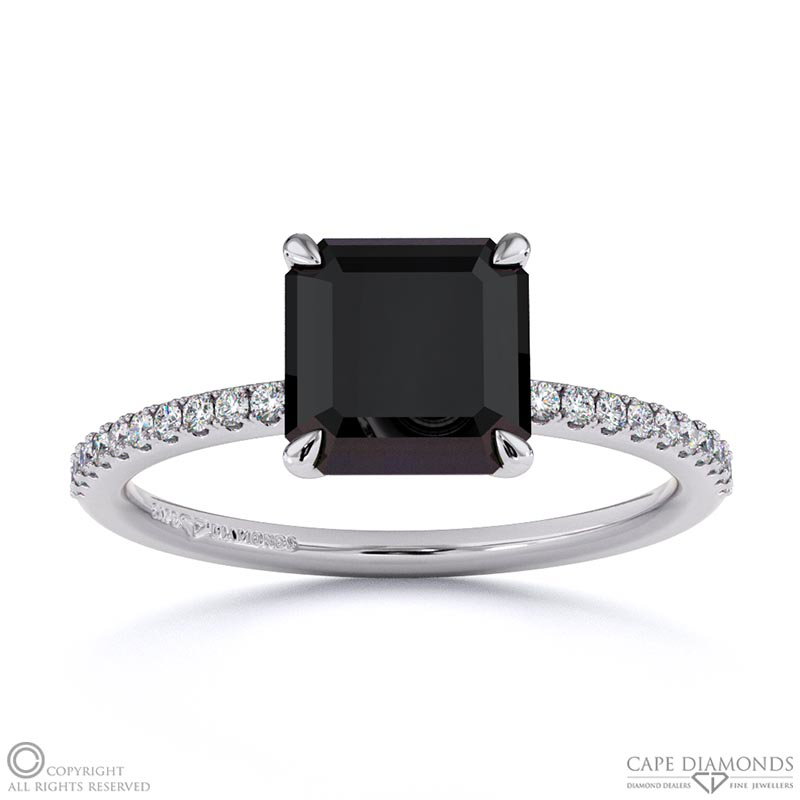 Black Lab Grown Diamond Asscher Side Stone Claw Engagement Ring White Gold