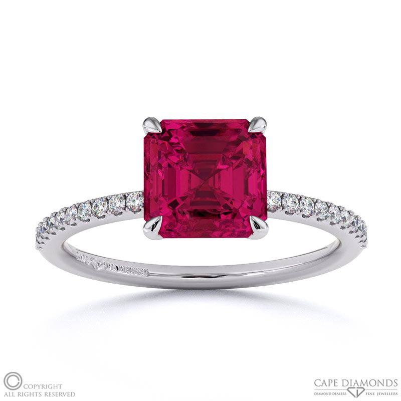 Ruby Asscher Side Stone Claw Engagement Ring White Gold