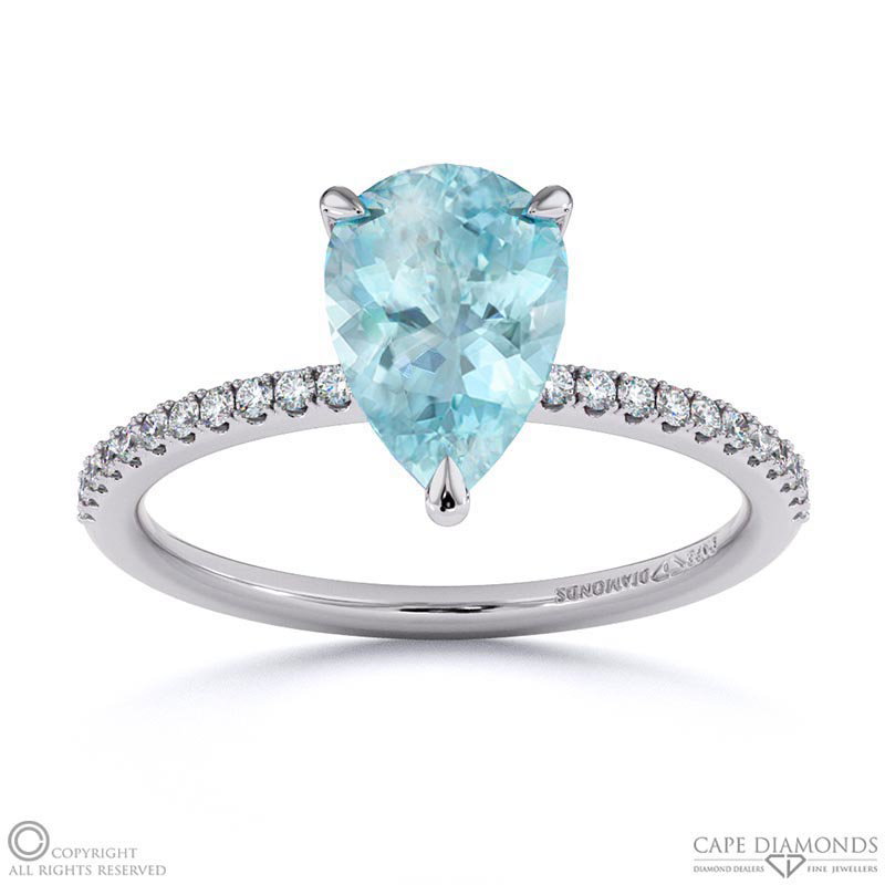 Paraiba Or Blue Tourmaline Pear Side Stone Claw Engagement Ring White Gold