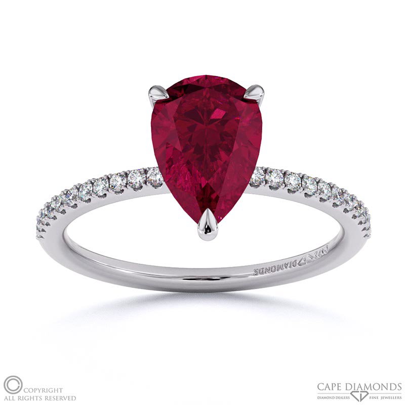 Ruby Pear Side Stone Claw Engagement Ring White Gold