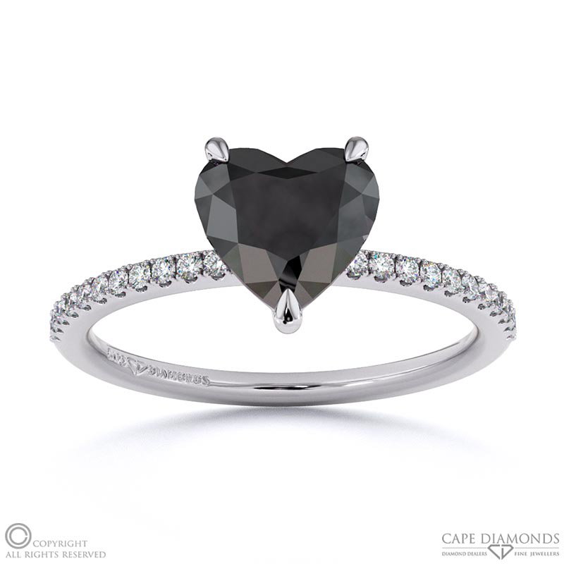Black Lab Grown Diamond Heart Side Stone Claw Engagement Ring White Gold