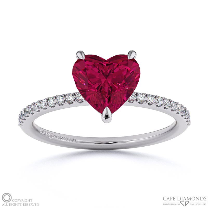Ruby Heart Side Stone Claw Engagement Ring White Gold