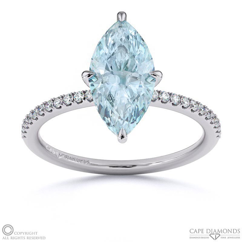 Aquamarine Marquise Side Stone Claw Engagement Ring White Gold