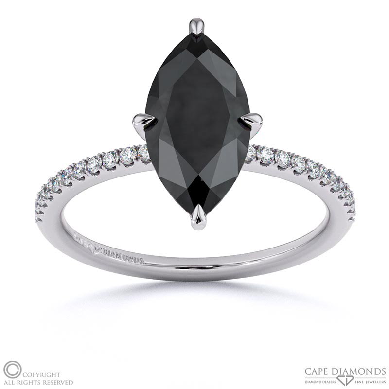 Black Lab Grown Diamond Marquise Side Stone Claw Engagement Ring White Gold