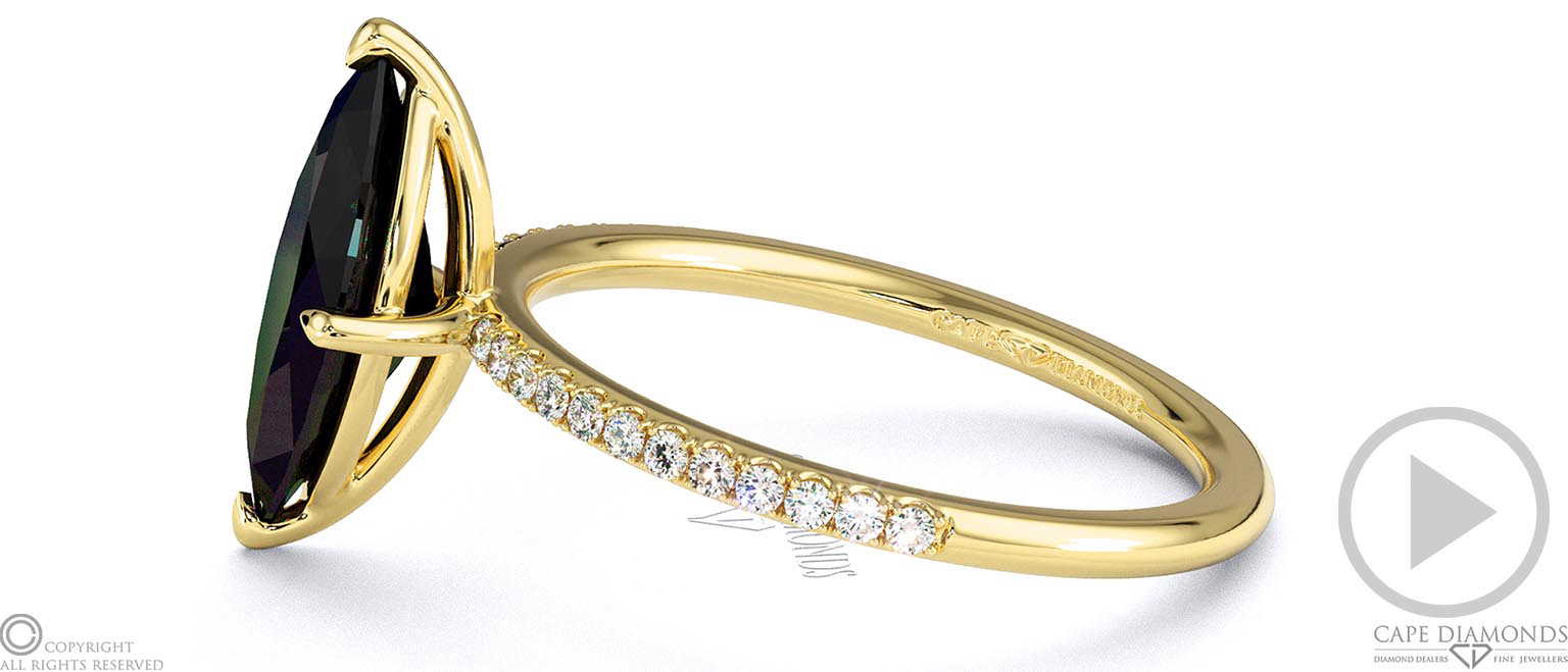 Black Natural Diamond Marquise Side Stone Claw Engagement Ring Yellow Gold top video