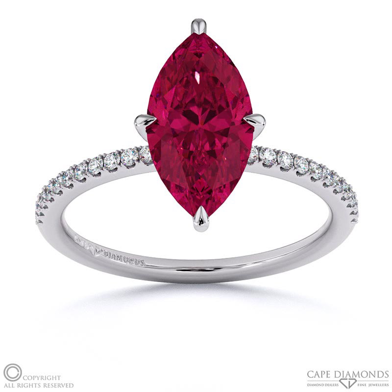 Ruby Marquise Side Stone Claw Engagement Ring White Gold