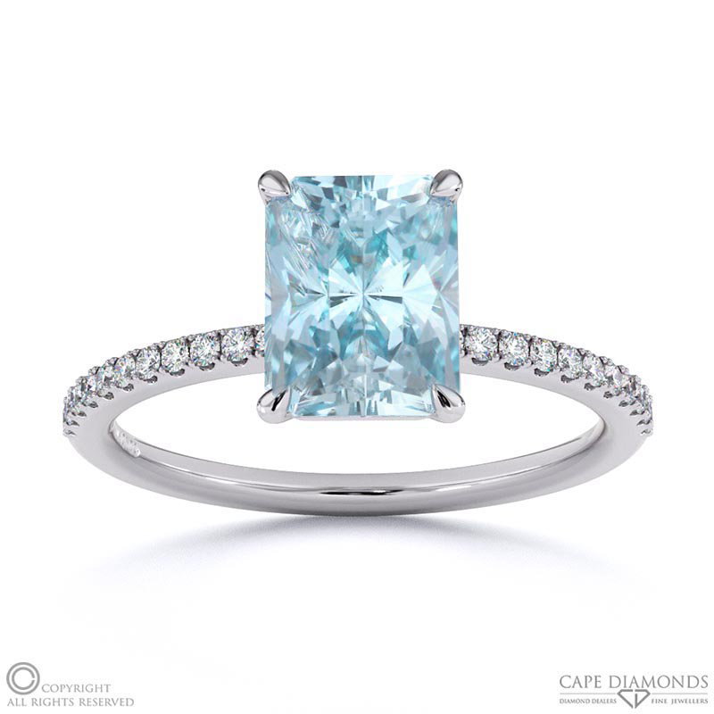 Paraiba Or Blue Tourmaline Radiant Side Stone Claw Engagement Ring White Gold