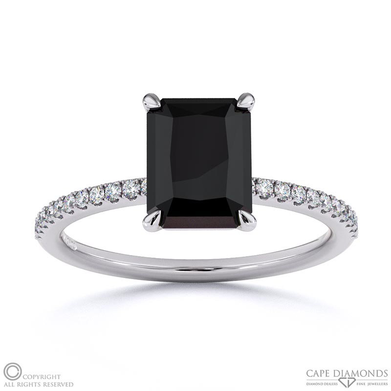 Black Lab Grown Diamond Radiant Side Stone Claw Engagement Ring White Gold
