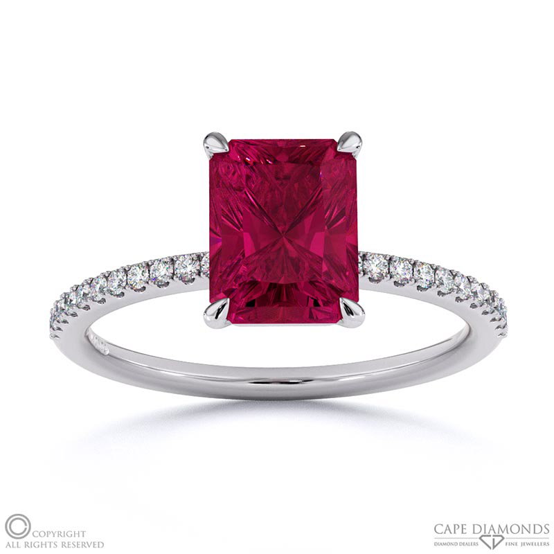 Ruby Radiant Side Stone Claw Engagement Ring White Gold