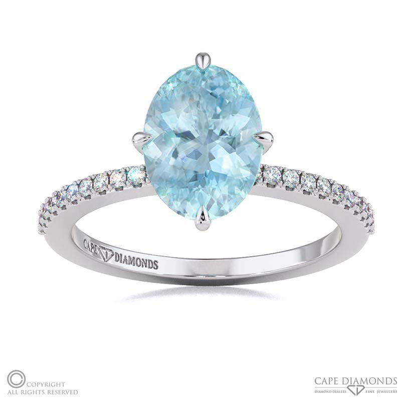 Aquamarine Four Claw Hidden Halo Engagement Ring White Gold