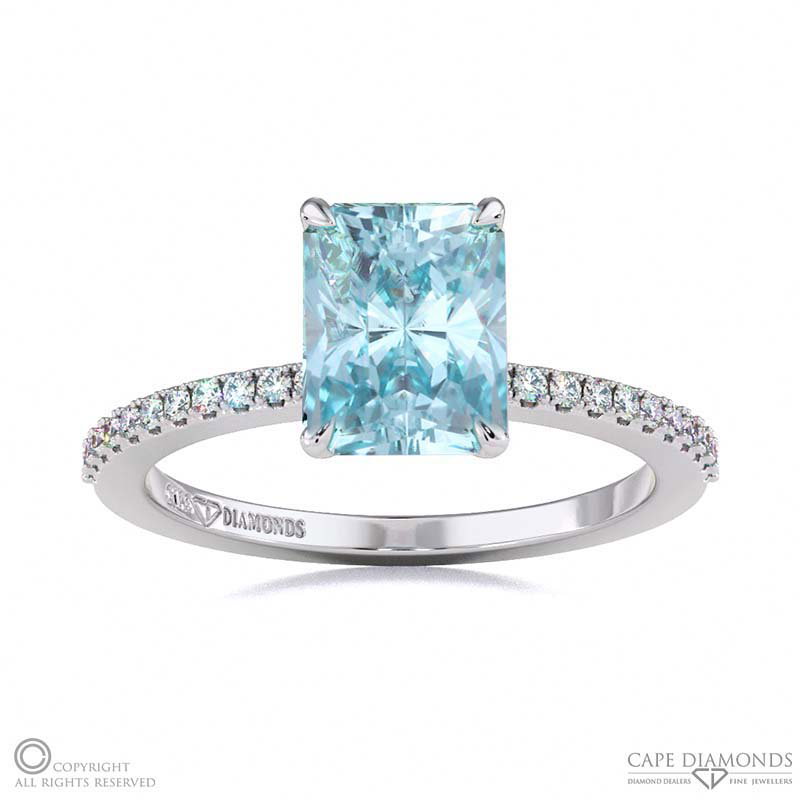 Aquamarine Engagement Ring With Hidden Halo And Side Stones White Gold