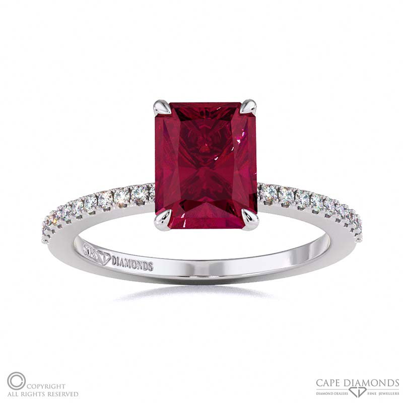 Ruby Engagement Ring With Hidden Halo And Side Stones White Gold