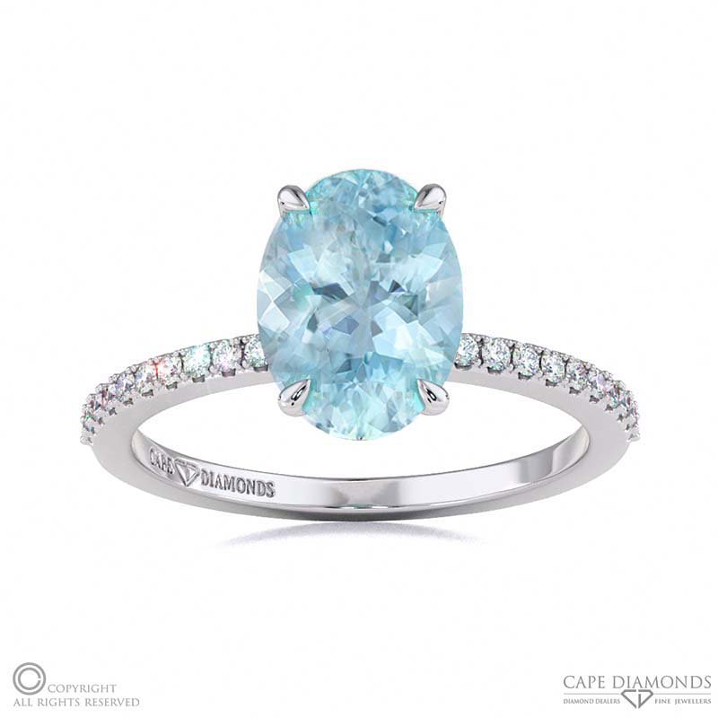 Aquamarine Oval Hidden Halo With Pave Side Diamonds Engagement Ring White Gold