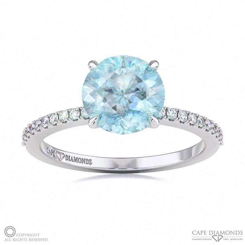 Aquamarine Four Claw Hidden Halo Side Diamond Engagement Ring White Gold