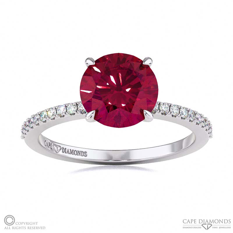 Ruby Four Claw Hidden Halo Side Diamond Engagement Ring White Gold
