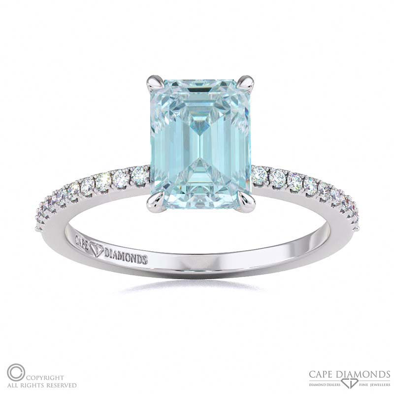 Aquamarine Low Hidden Halo Emerald Cut Engagement Ring White Gold