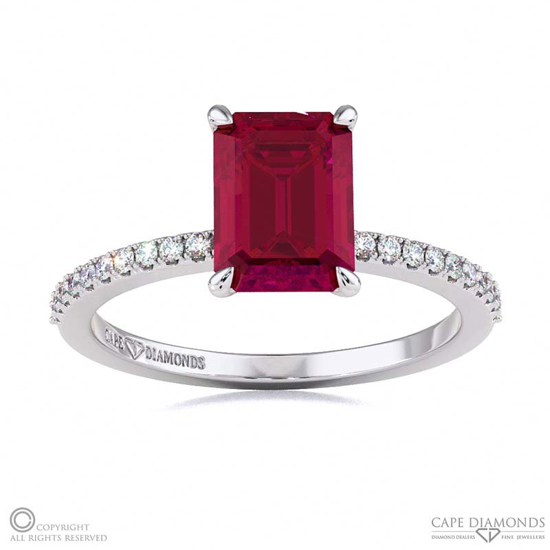 Ruby Low Hidden Halo Emerald Cut Engagement Ring White Gold