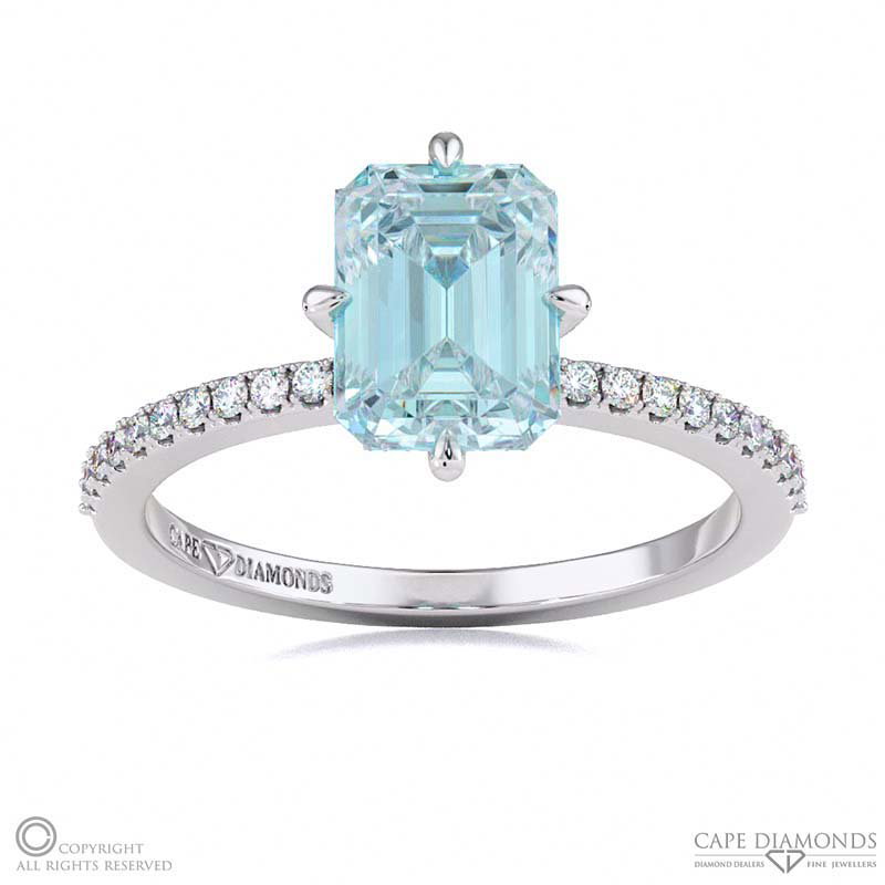 Aquamarine Low Hidden Halo Emerald Cut Cross Claws Engagement Ring White Gold