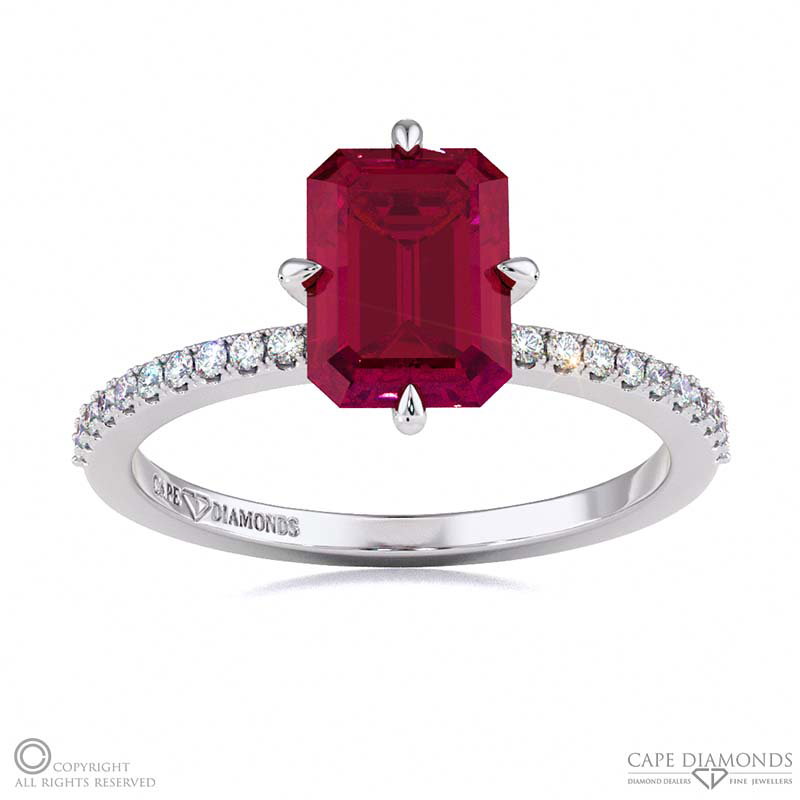 Ruby Low Hidden Halo Emerald Cut Cross Claws Engagement Ring White Gold