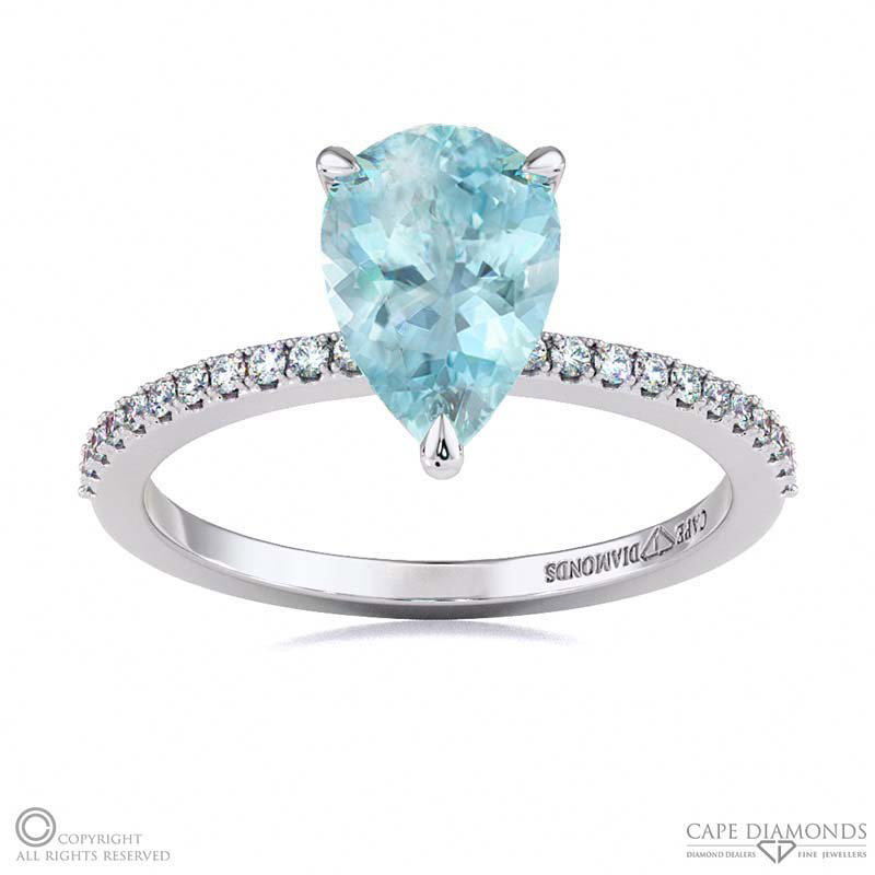 Aquamarine Low Hidden Halo Pear Cut Engagement Ring White Gold