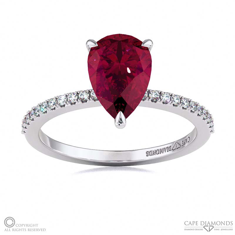 Ruby Low Hidden Halo Pear Cut Engagement Ring White Gold