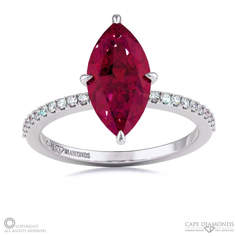 Ruby Low Hidden Halo Marquise Cut Engagement Ring White Gold