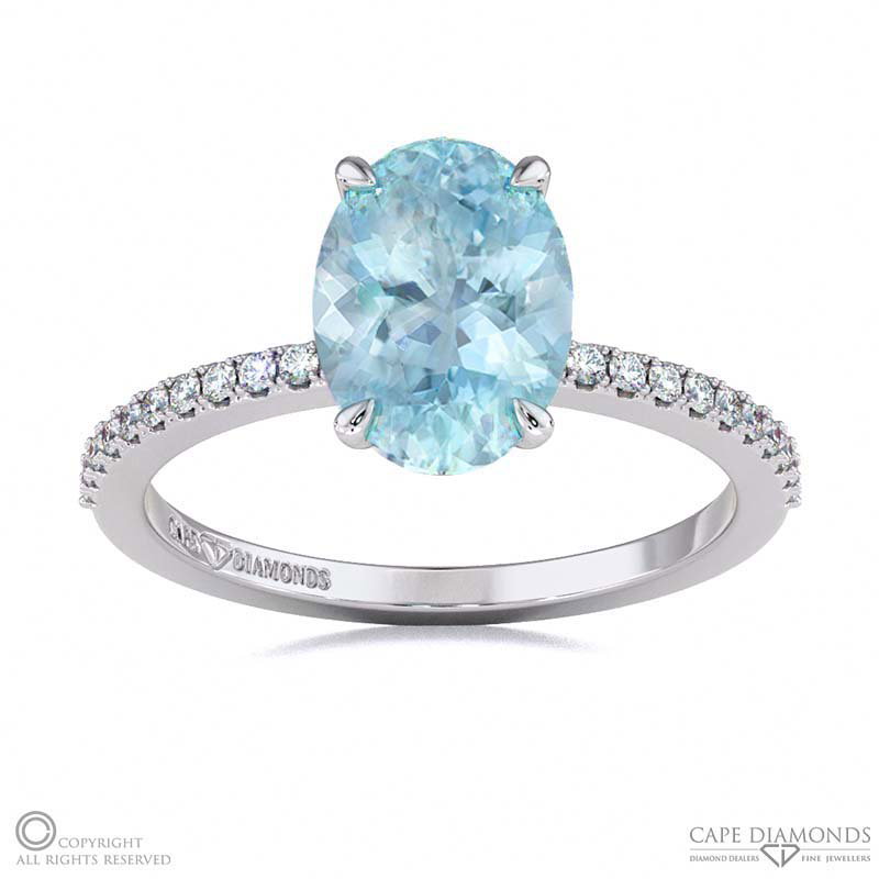 Aquamarine Hidden Halo Side Stone Engagement Ring White Gold