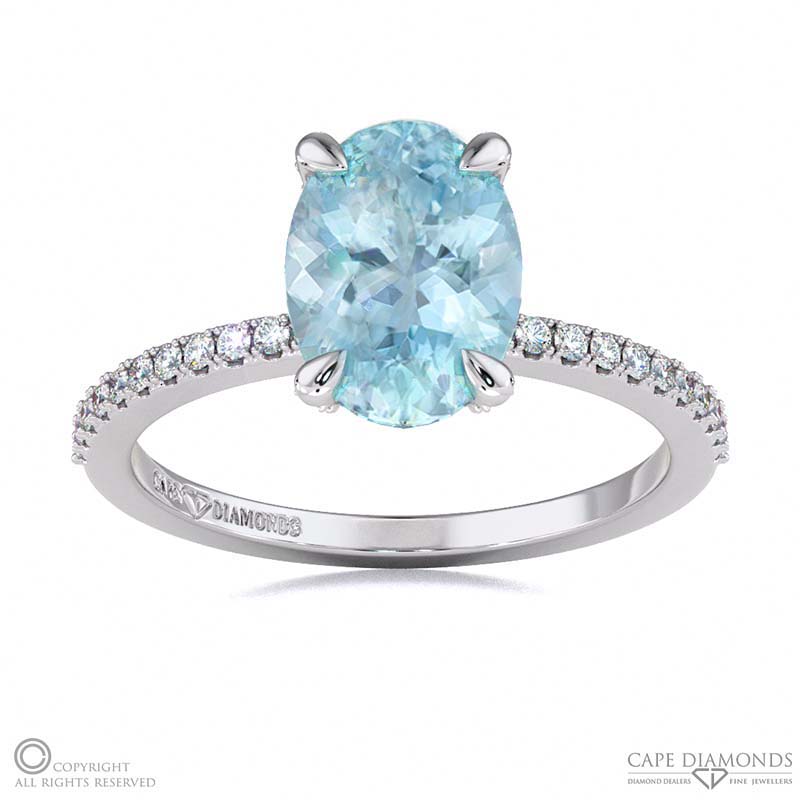 Aquamarine Hidden Halo Claw Set Oval Side Stone Engagement Ring White Gold