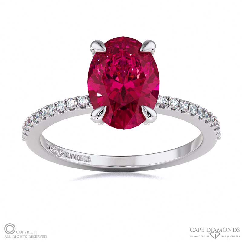 Ruby Hidden Halo Claw Set Oval Side Stone Engagement Ring White Gold
